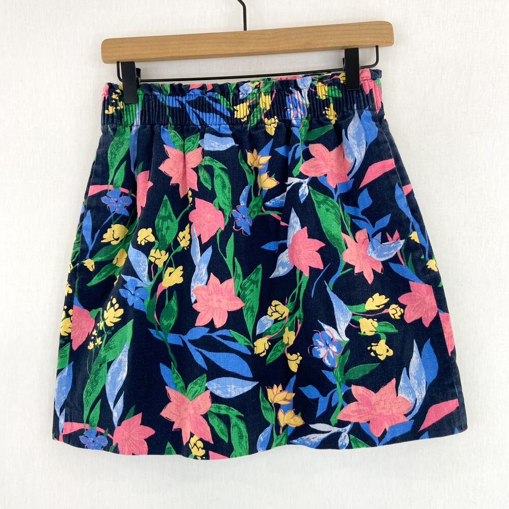 J. Crew Women's Linen Blend Navy Blue Pink Floral Elastic Waist Skirt size 2